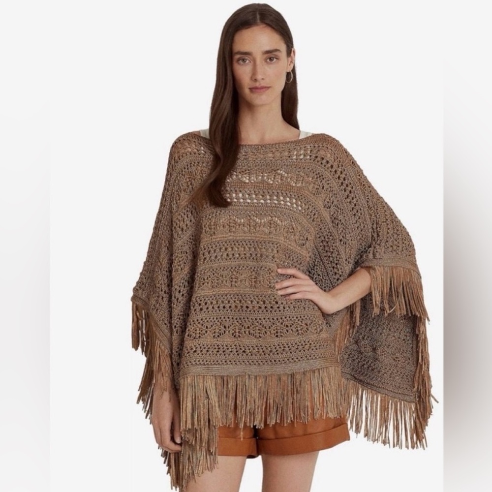 NWT Ralph Lauren Fringed Knit Shimmer Poncho Sweater - One size - $245